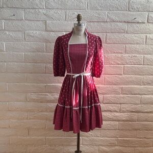 Vintage Pink Puff Sleeve Midi Dress with Square Neck